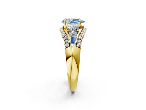 Yellow gold Three-Stone Fancy Blue Pear Cut Diamond Engagement Ring with Pave Band and Prong Setting_2