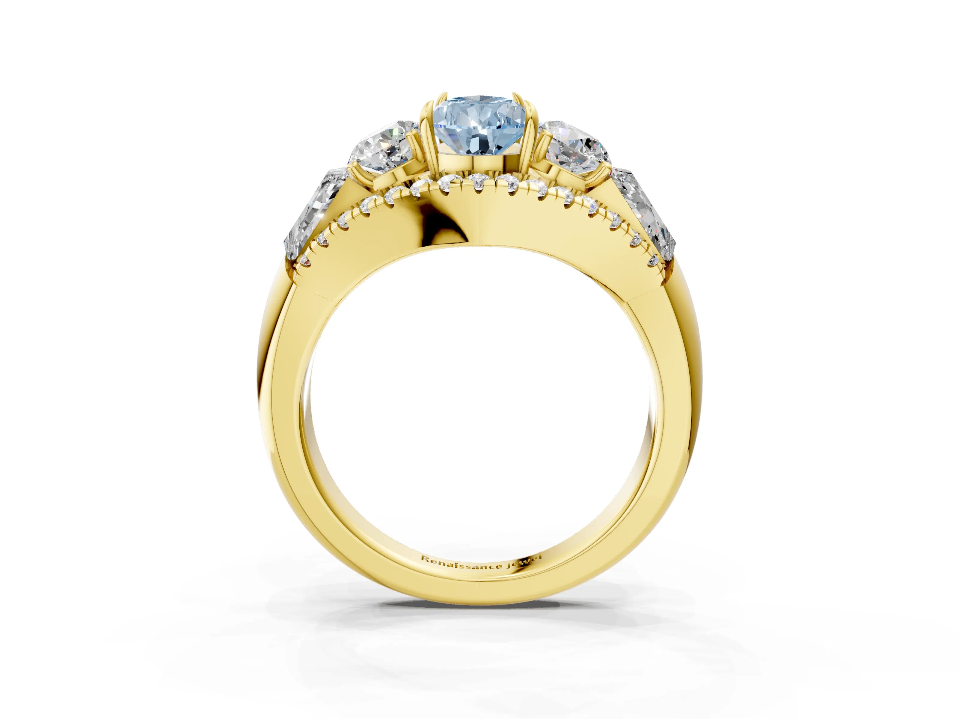 Yellow gold Three-Stone Fancy Blue Pear Cut Diamond Engagement Ring with Pave Band and Prong Setting_3