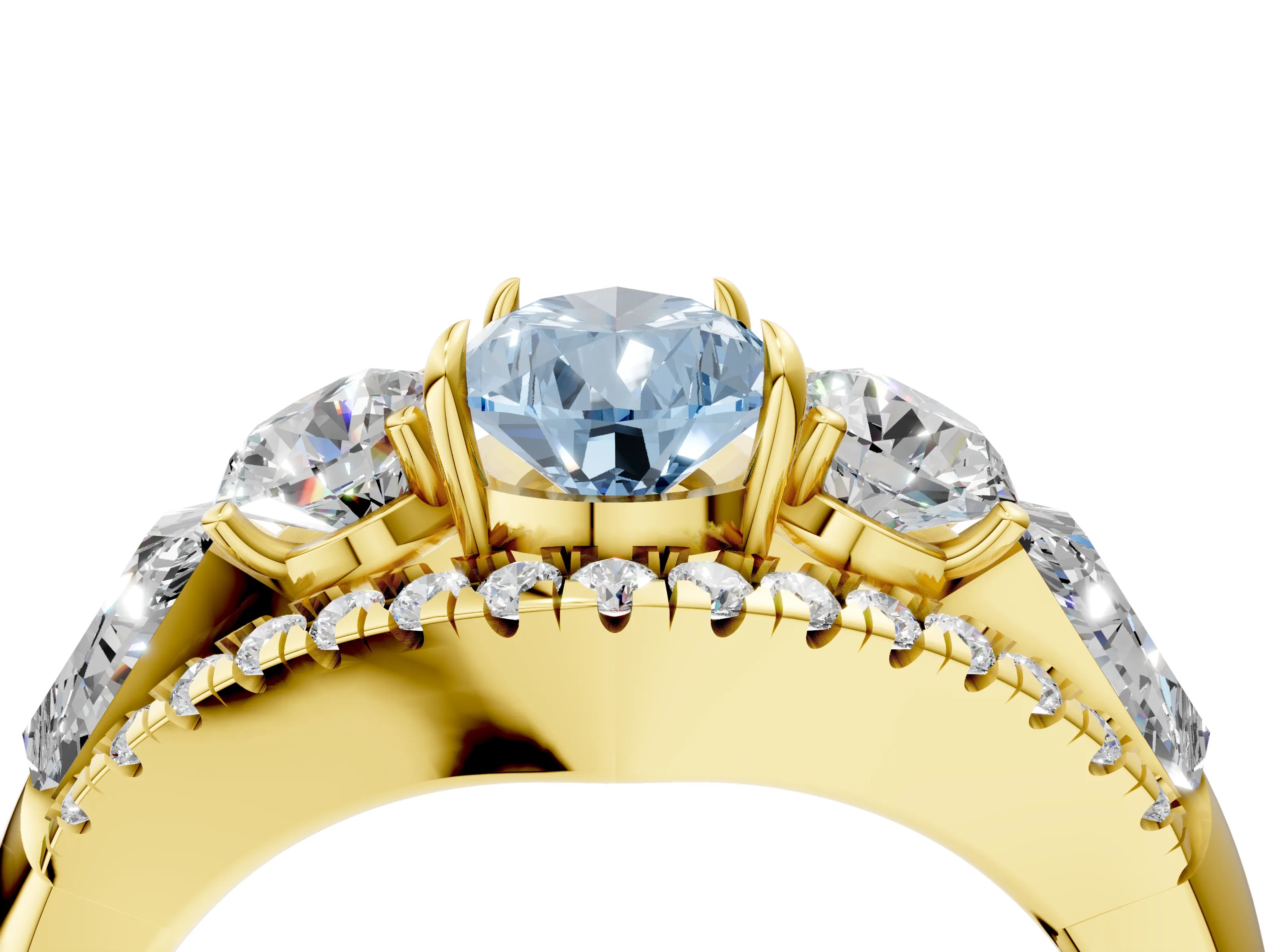 Yellow gold Three-Stone Fancy Blue Pear Cut Diamond Engagement Ring with Pave Band and Prong Setting_4