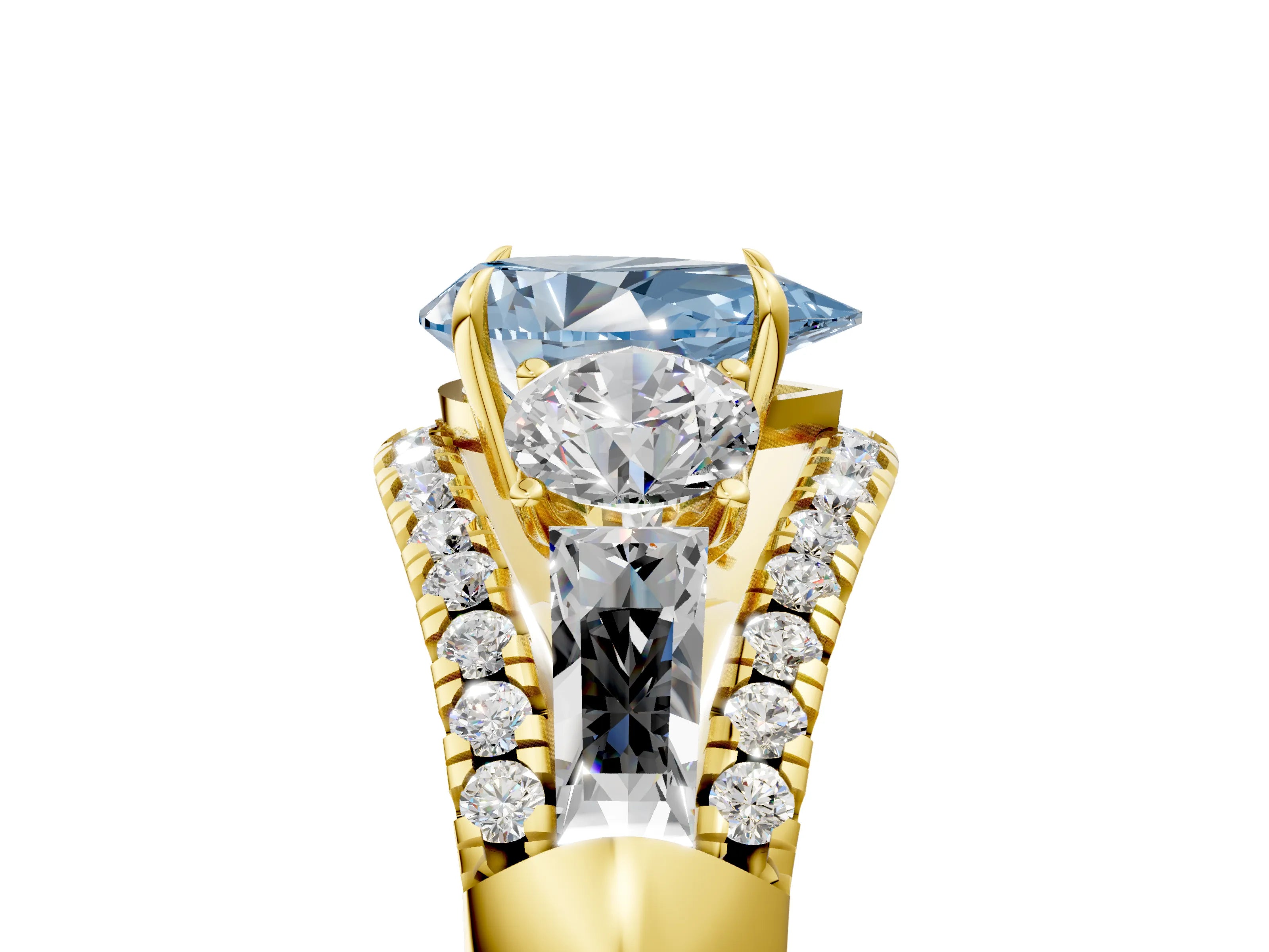 Yellow gold Three-Stone Fancy Blue Pear Cut Diamond Engagement Ring with Pave Band and Prong Setting_5