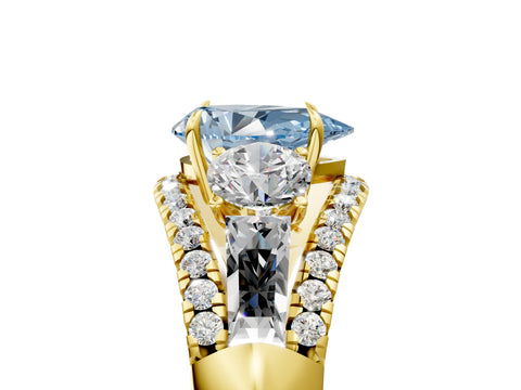 Yellow gold Three-Stone Fancy Blue Pear Cut Diamond Engagement Ring with Pave Band and Prong Setting_5