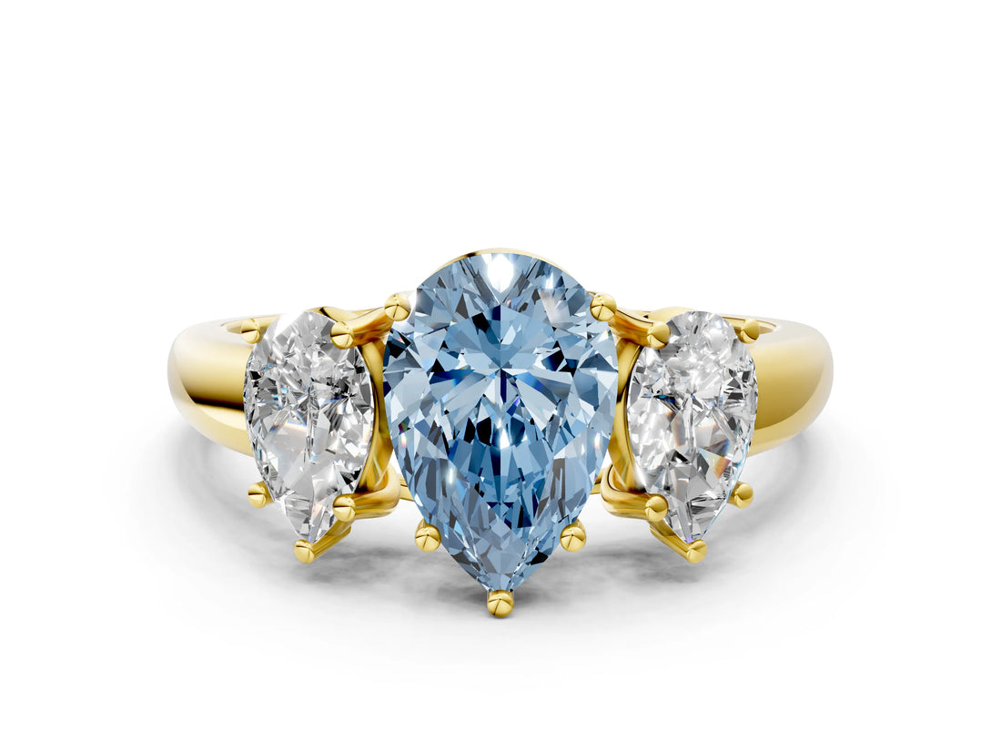 Yellow gold Three-Stone Fancy Blue Pear Cut Diamond Engagement Ring with Prong Setting_3