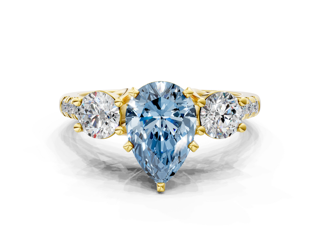 Yellow gold Three-Stone Fancy Blue Pear  Cut Diamond Pavé Band with Four-Prong Setting_28