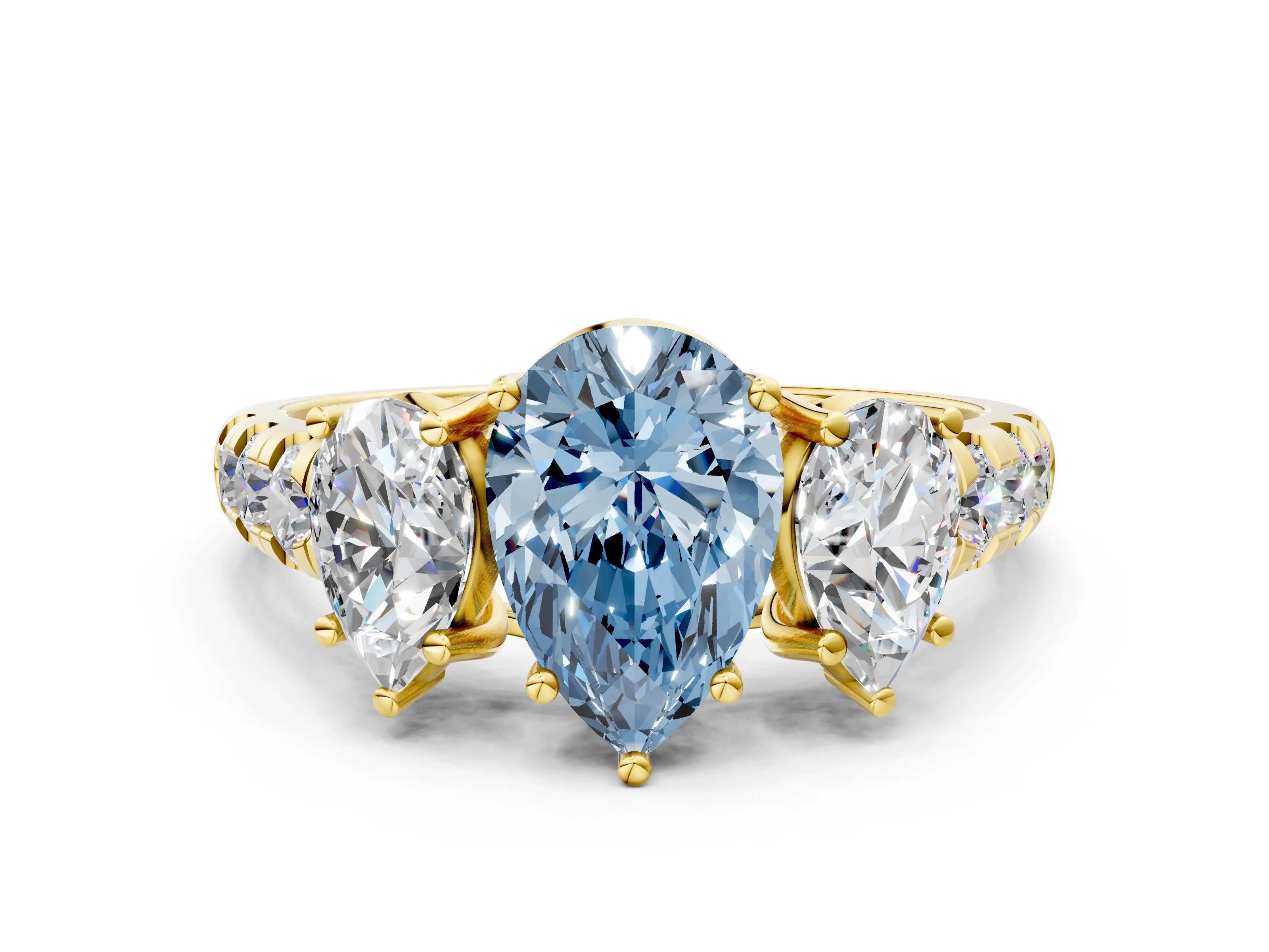 Yellow gold Three-Stone Fancy Blue Pear Cut Diamond Pavé Band with Prong Setting