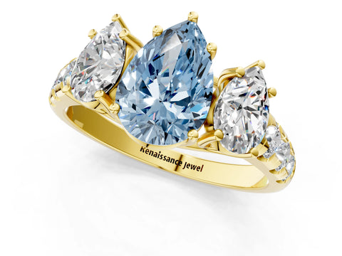 Yellow gold Three-Stone Fancy Blue Pear Cut Diamond Pavé Band with Prong Setting_1