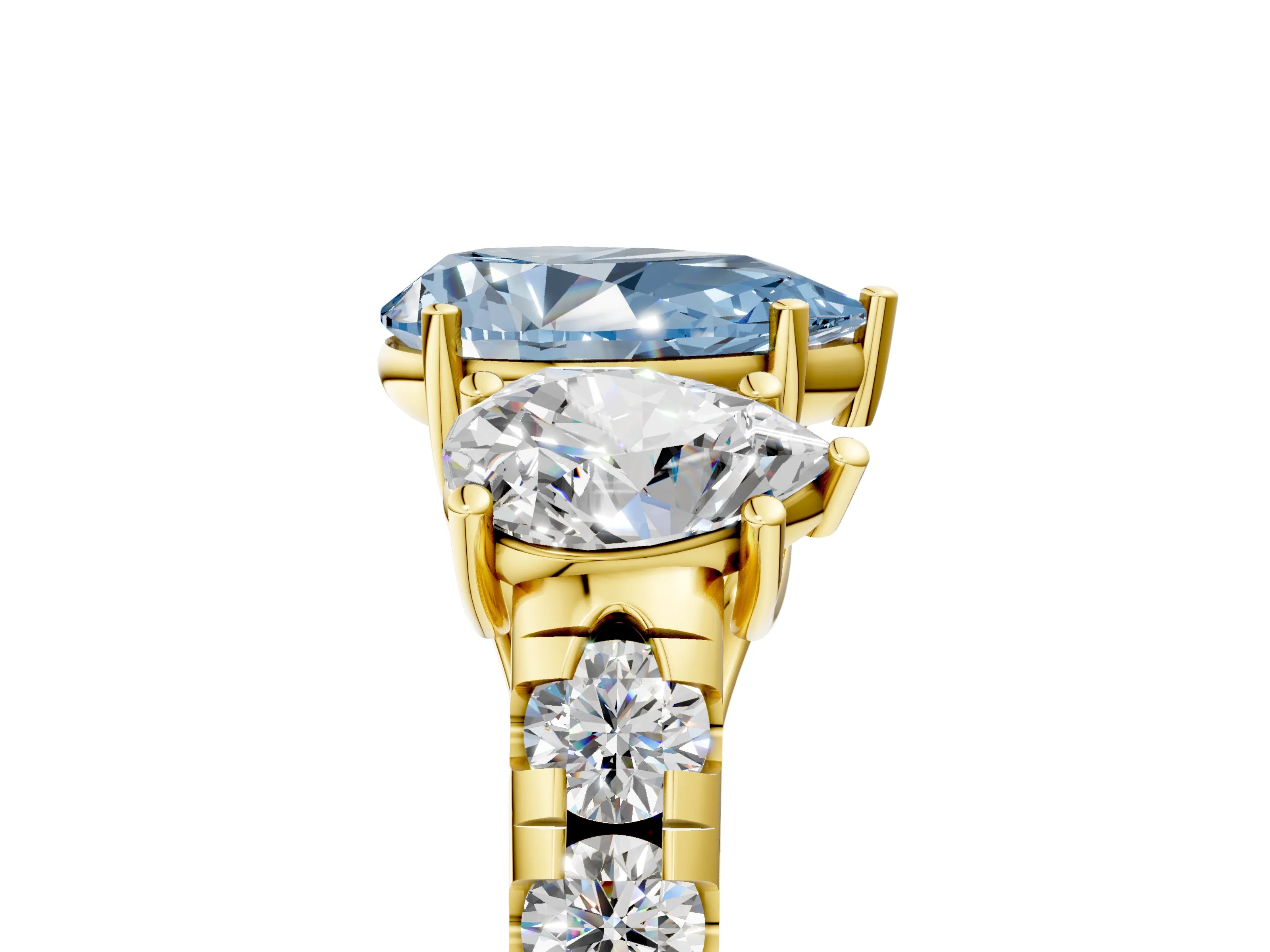 Yellow gold Three-Stone Fancy Blue Pear Cut Diamond Pavé Band with Prong Setting_5