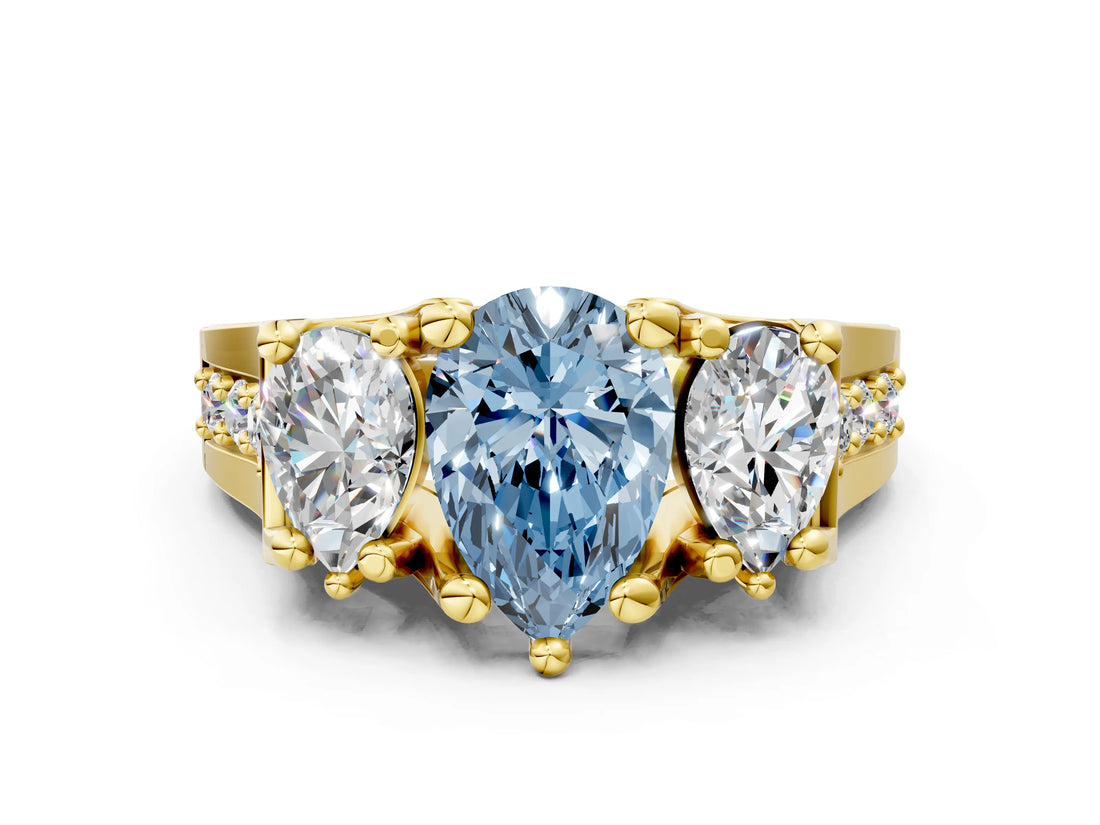 Yellow gold Three-Stone Fancy Blue Pear  Cut Diamond Ring with Channel-Set Band and Four-Prong Setting_49