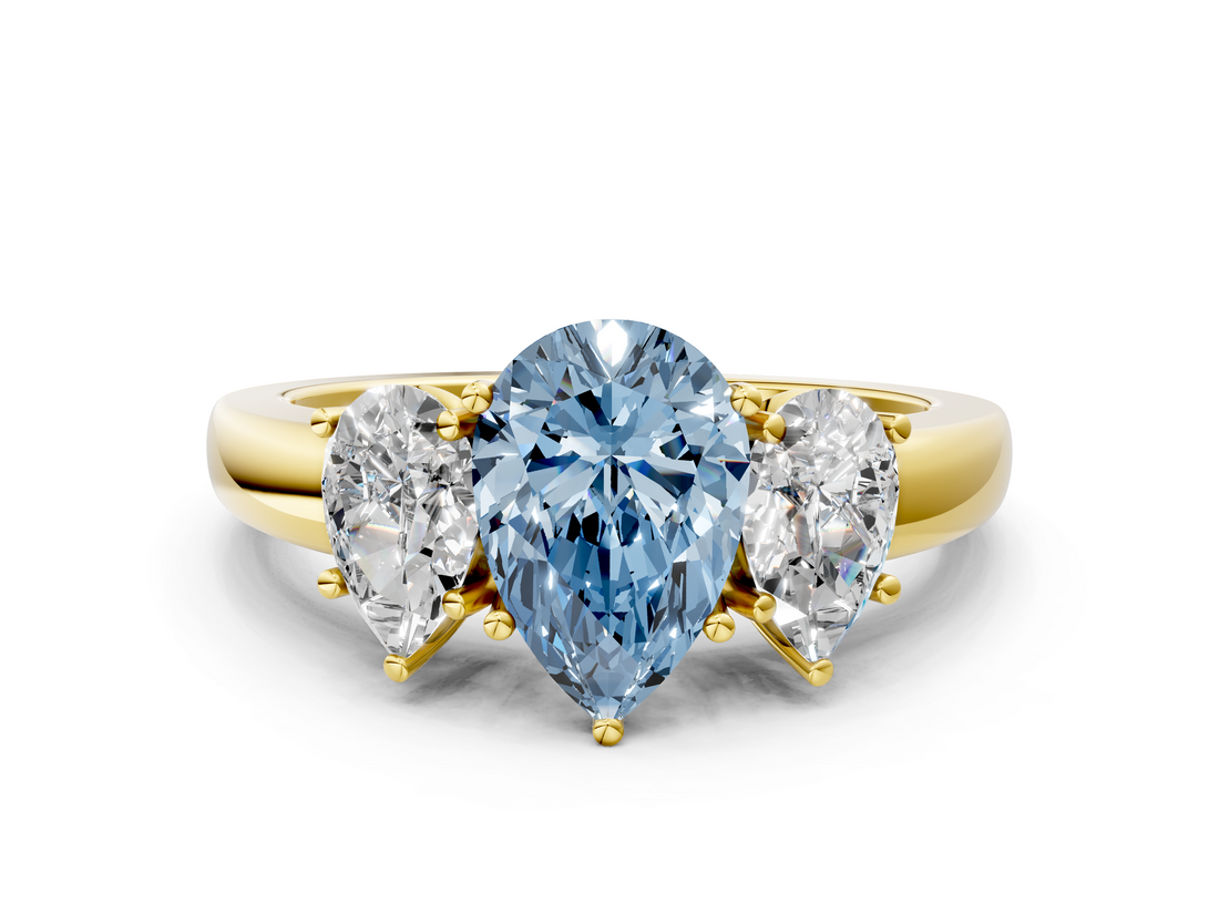 Yellow gold Three-Stone Fancy Blue Pear  Cut Diamond Ring with Channel-Set Band and Four-Prong Setting_78