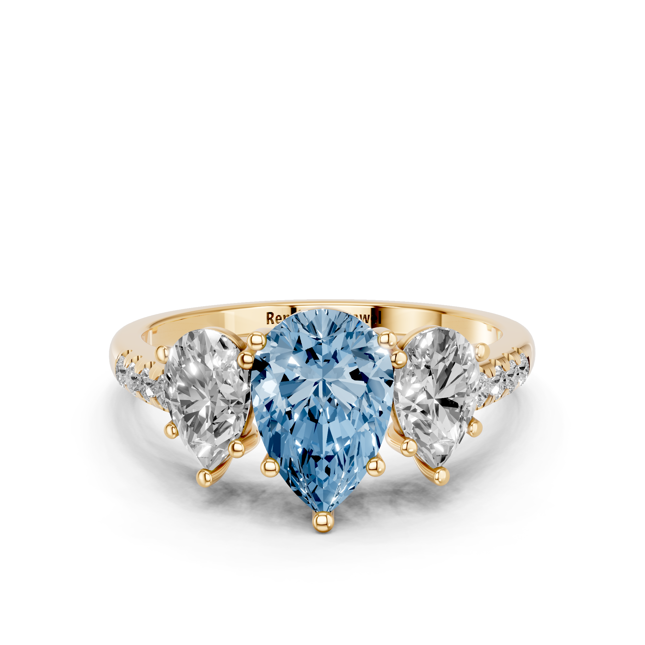 Yellow gold Three-Stone Fancy Blue Pear  Cut Diamond Ring with Pavé Band and Prong Setting_11