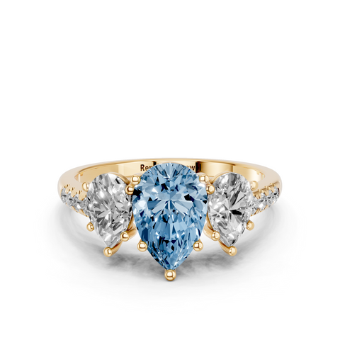 Yellow gold Three-Stone Fancy Blue Pear  Cut Diamond Ring with Pavé Band and Prong Setting_11