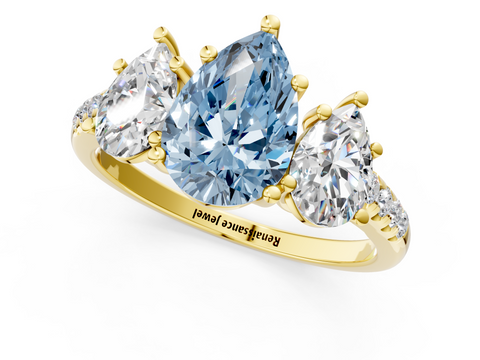 Yellow gold Three-Stone Fancy Blue Pear  Cut Diamond Ring with Pavé Band and Prong Setting_21