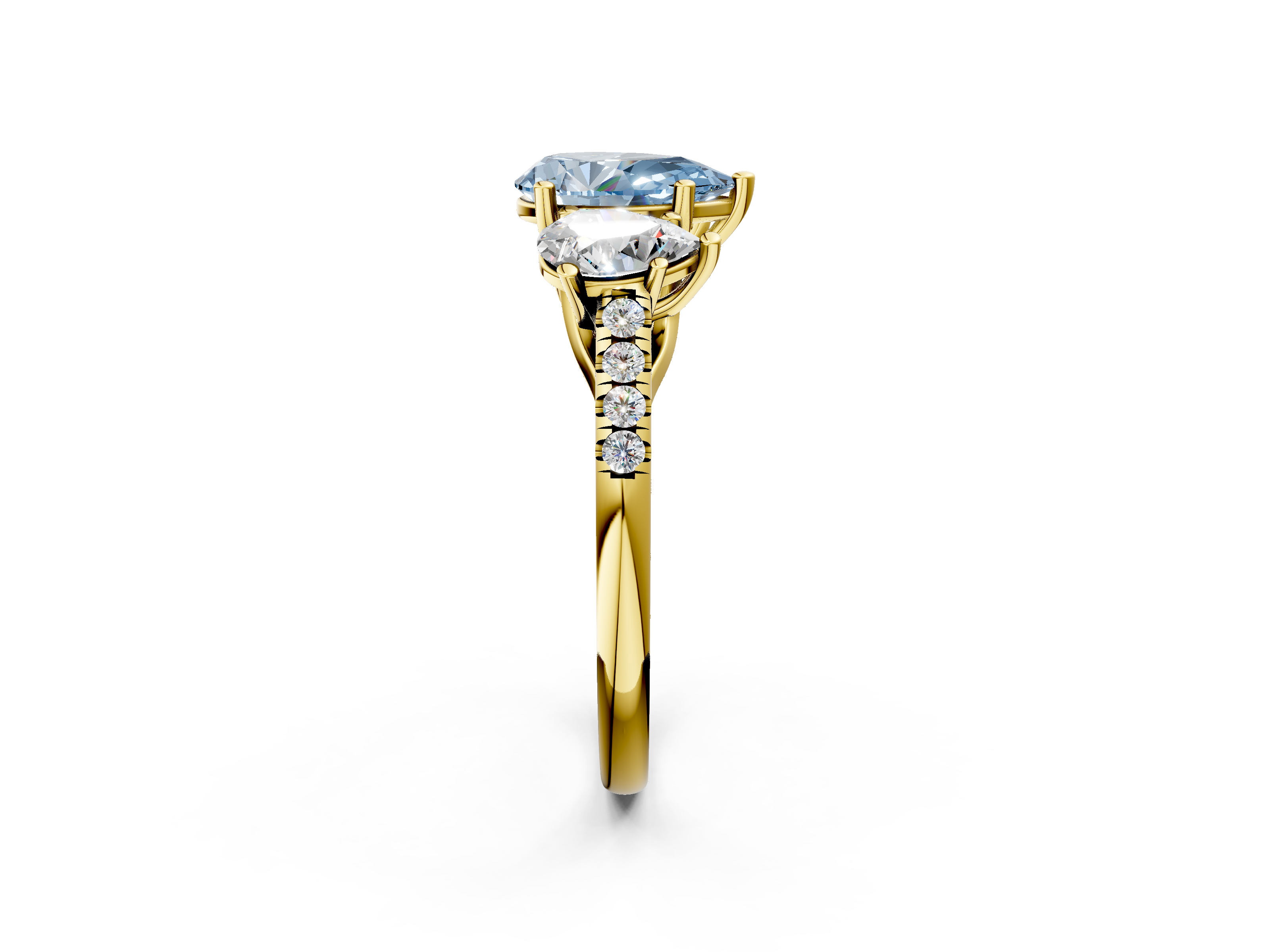 Yellow gold Three-Stone Fancy Blue Pear  Cut Diamond Ring with Pavé Band and Prong Setting_22