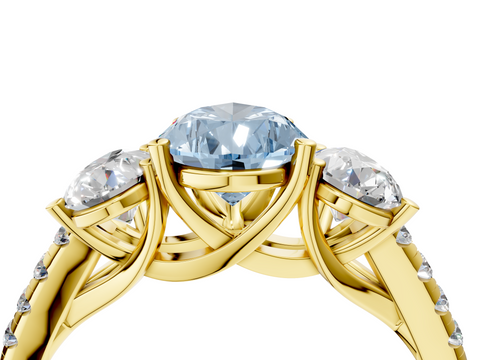 Yellow gold Three-Stone Fancy Blue Pear  Cut Diamond Ring with Pavé Band and Prong Setting_24