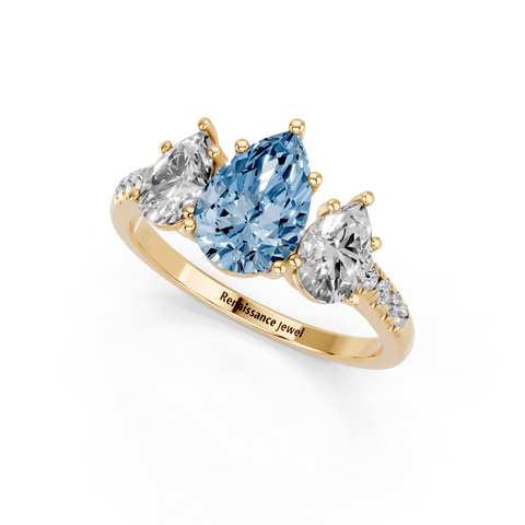 Yellow gold Three-Stone Fancy Blue Pear  Cut Diamond Ring with Pavé Band and Prong Setting_3