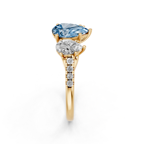 Yellow gold Three-Stone Fancy Blue Pear  Cut Diamond Ring with Pavé Band and Prong Setting_4