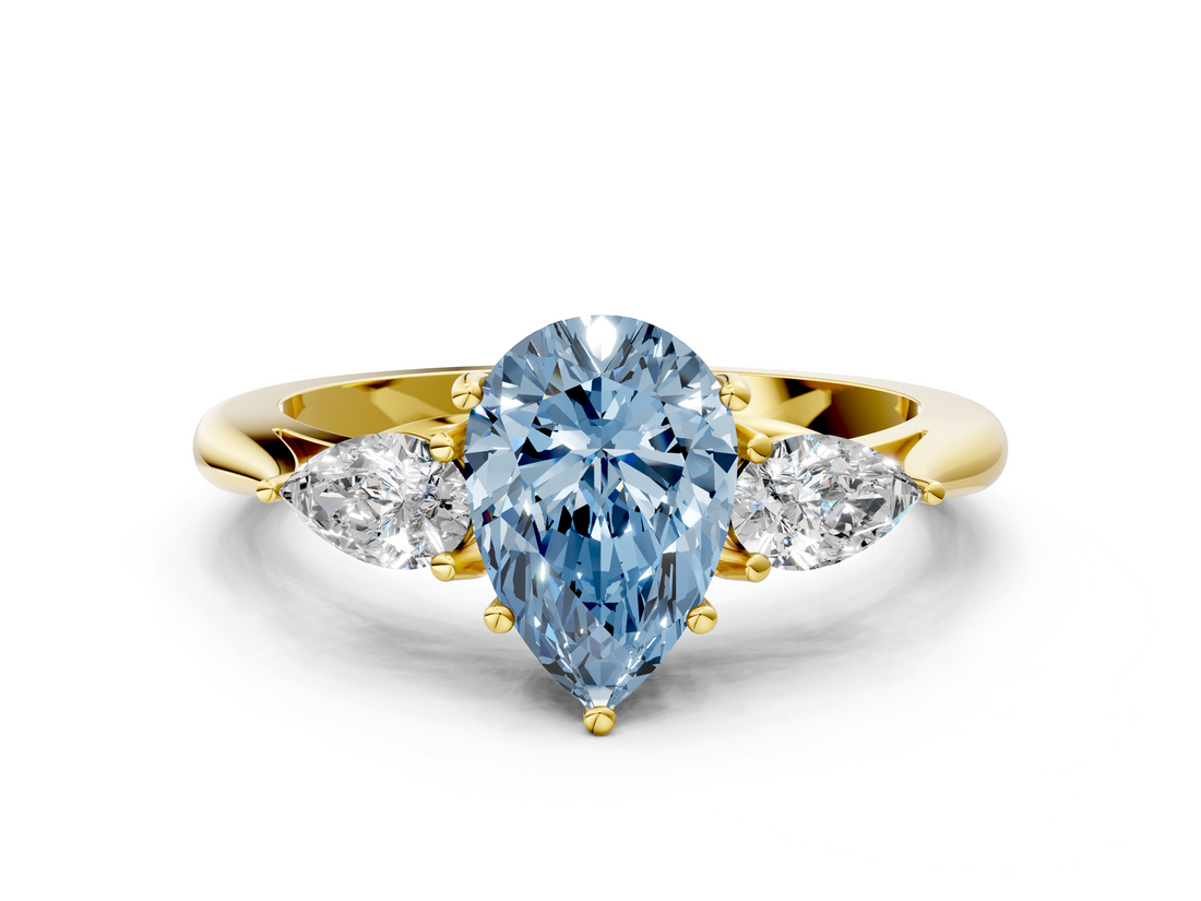 Yellow gold Three-Stone Fancy Blue Pear  Cut Diamond Ring with Pear Side Stones in Four-Prong Setting_109