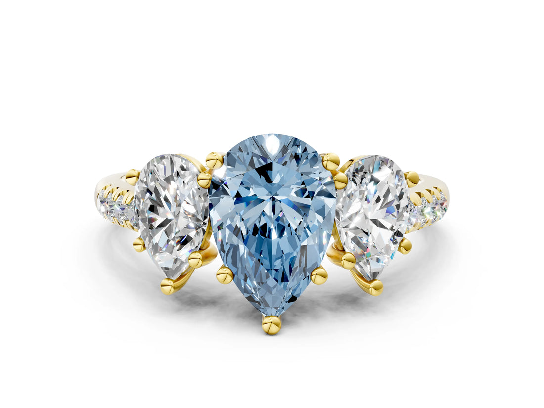Yellow gold Three-Stone Fancy Blue Pear Cut Diamond Ring with Round  Pavé Band and Prong Setting_24