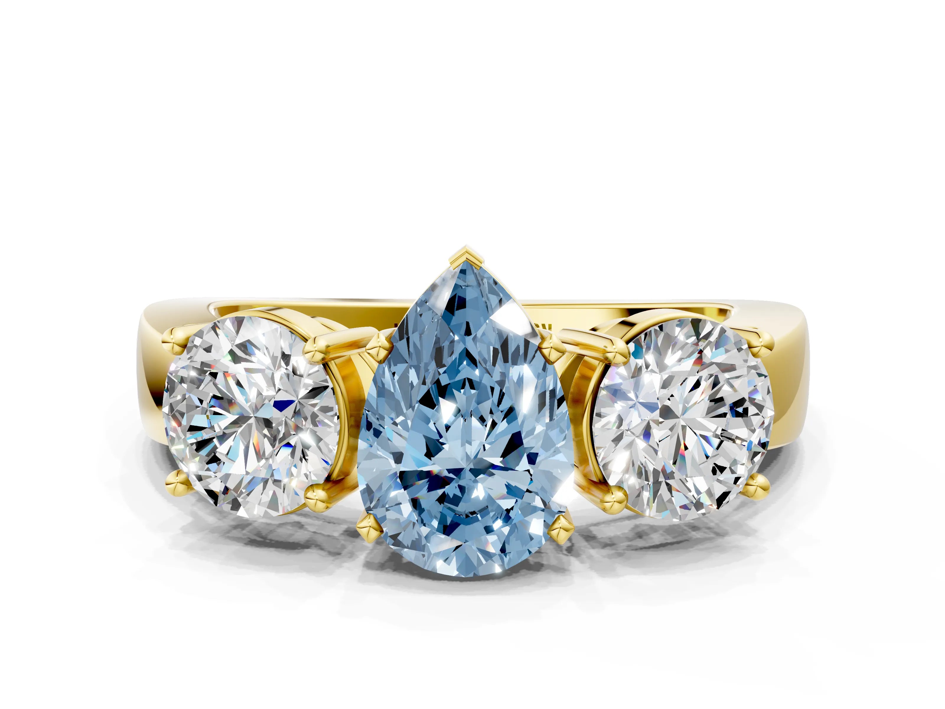 Yellow gold Three-Stone Fancy Blue Pear Cut Diamond Ring with Round Side Stones, Classic Band, and Four-Prong Setting