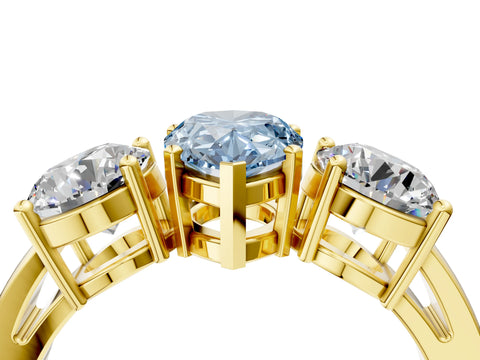 Yellow gold Three-Stone Fancy Blue Pear Cut Diamond Ring with Round Side Stones, Classic Band, and Four-Prong Setting_4