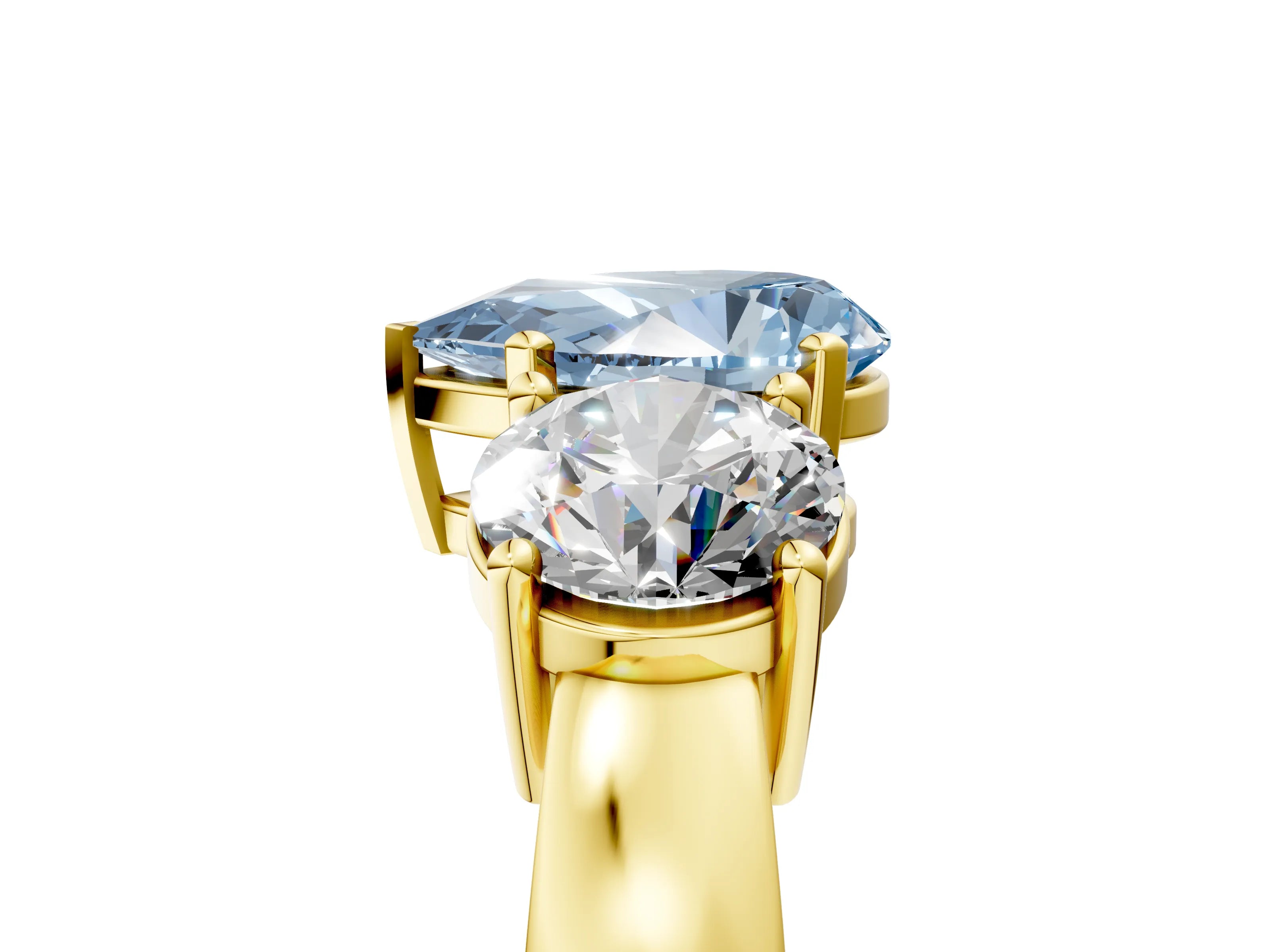 Yellow gold Three-Stone Fancy Blue Pear Cut Diamond Ring with Round Side Stones, Classic Band, and Four-Prong Setting_5