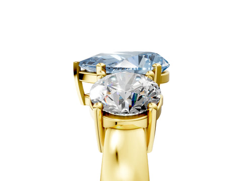 Yellow gold Three-Stone Fancy Blue Pear Cut Diamond Ring with Round Side Stones, Classic Band, and Four-Prong Setting_5