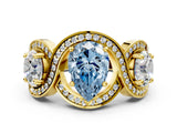 Yellow gold Three-Stone Fancy Blue Pear Cut Diamond Wave Pave Band with Prong Setting