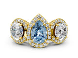 Yellow gold Three-Stone Fancy Blue Pear Cut Halo Diamond Milgrain Band with Four-Prong Setting