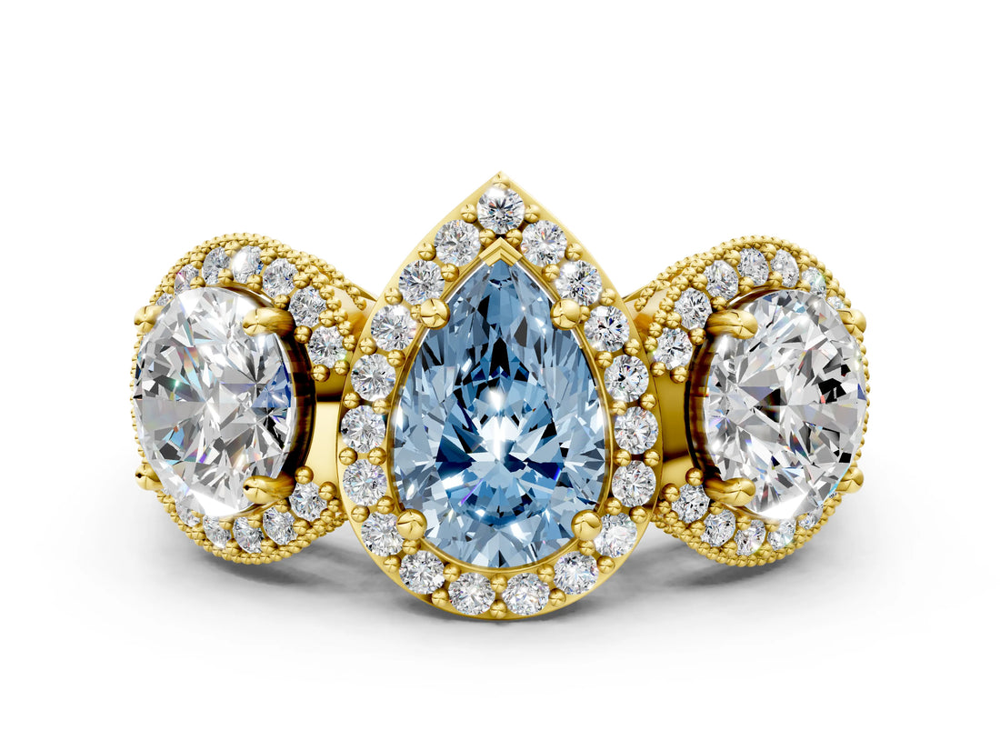 Yellow gold Three-Stone Fancy Blue Pear Cut Halo Diamond Milgrain Band with Four-Prong Setting_6