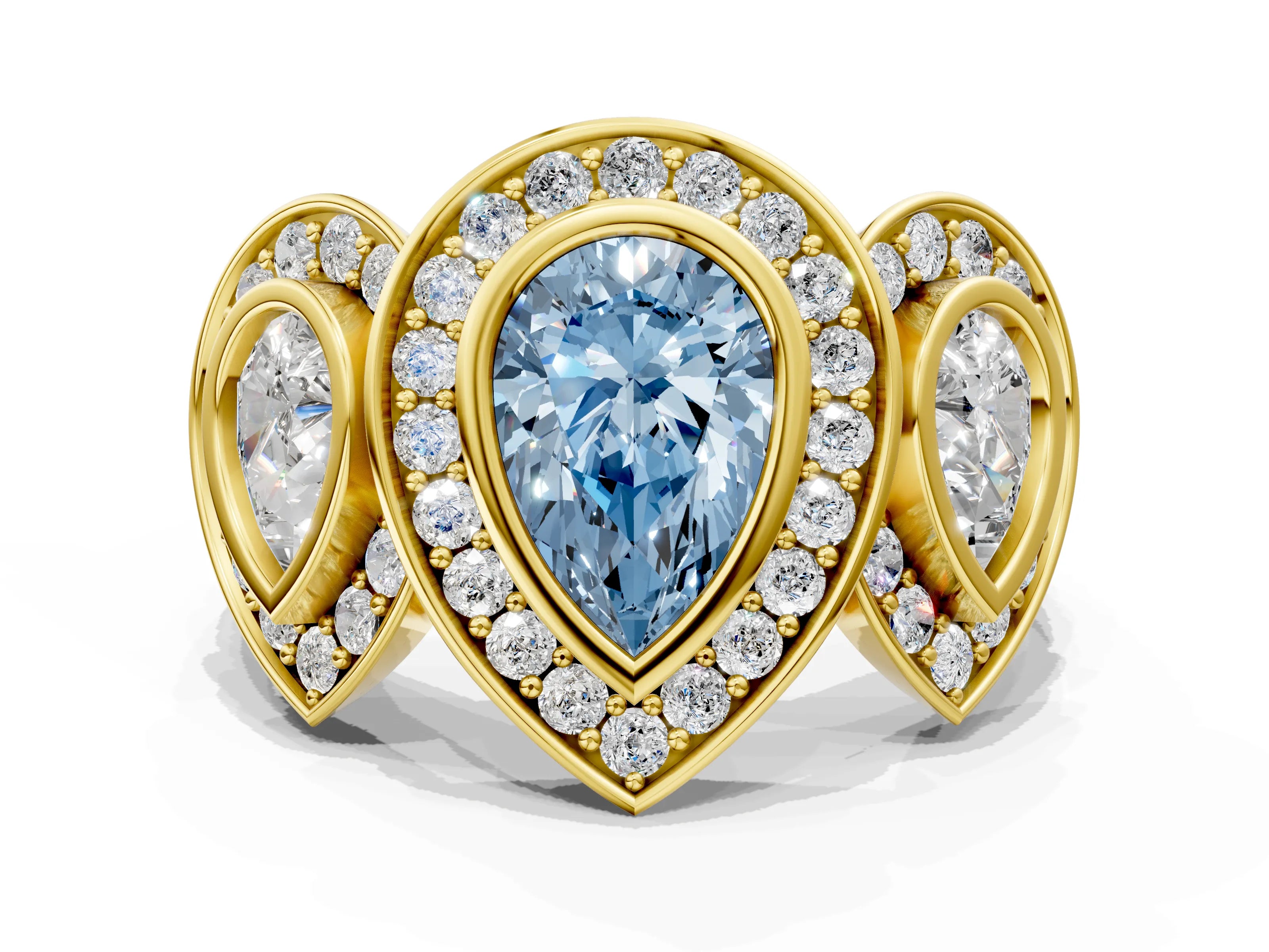 Yellow gold Three-Stone Fancy Blue Pear Cut Halo Pavé Diamond Ring
