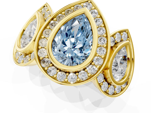 Yellow gold Three-Stone Fancy Blue Pear Cut Halo Pavé Diamond Ring_1