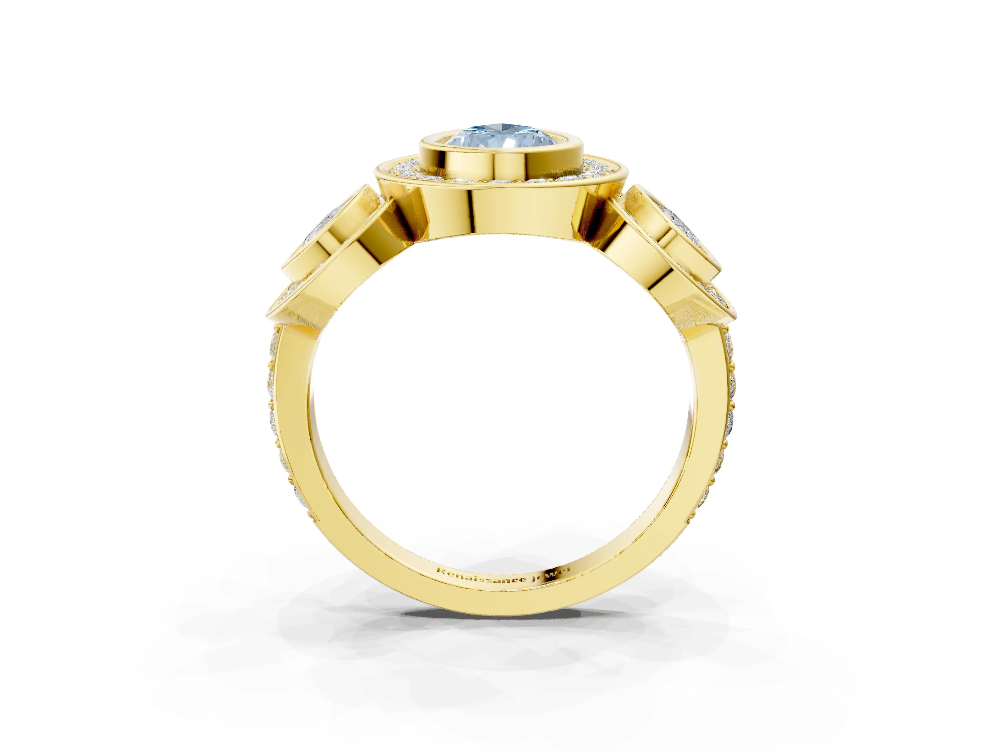 Yellow gold Three-Stone Fancy Blue Pear Cut Halo Pavé Diamond Ring_3