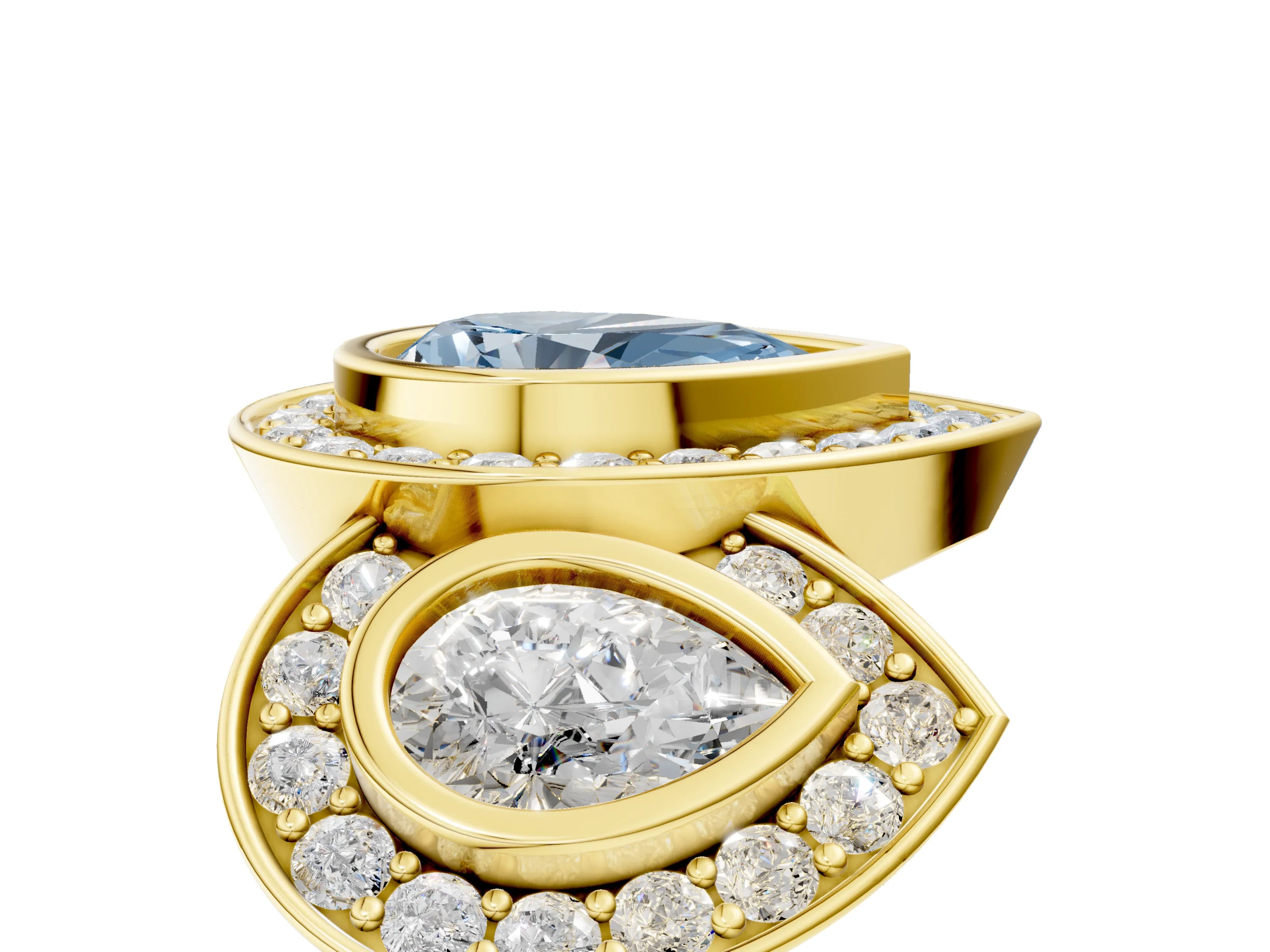 Yellow gold Three-Stone Fancy Blue Pear Cut Halo Pavé Diamond Ring_5