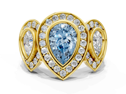Yellow gold Three-Stone Fancy Blue Pear Cut Halo Pavé Diamond Ring