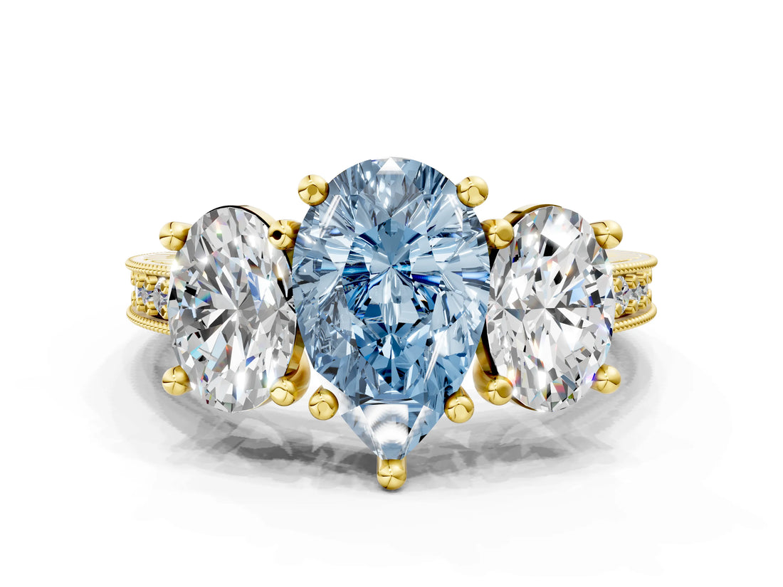 Yellow gold Three-Stone Fancy Blue Pear  Diamond Milgrain Pave Band with Prong Setting 1