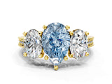 Yellow gold Three-Stone Fancy Blue Pear  Diamond Milgrain Pave Band with Prong Setting 1