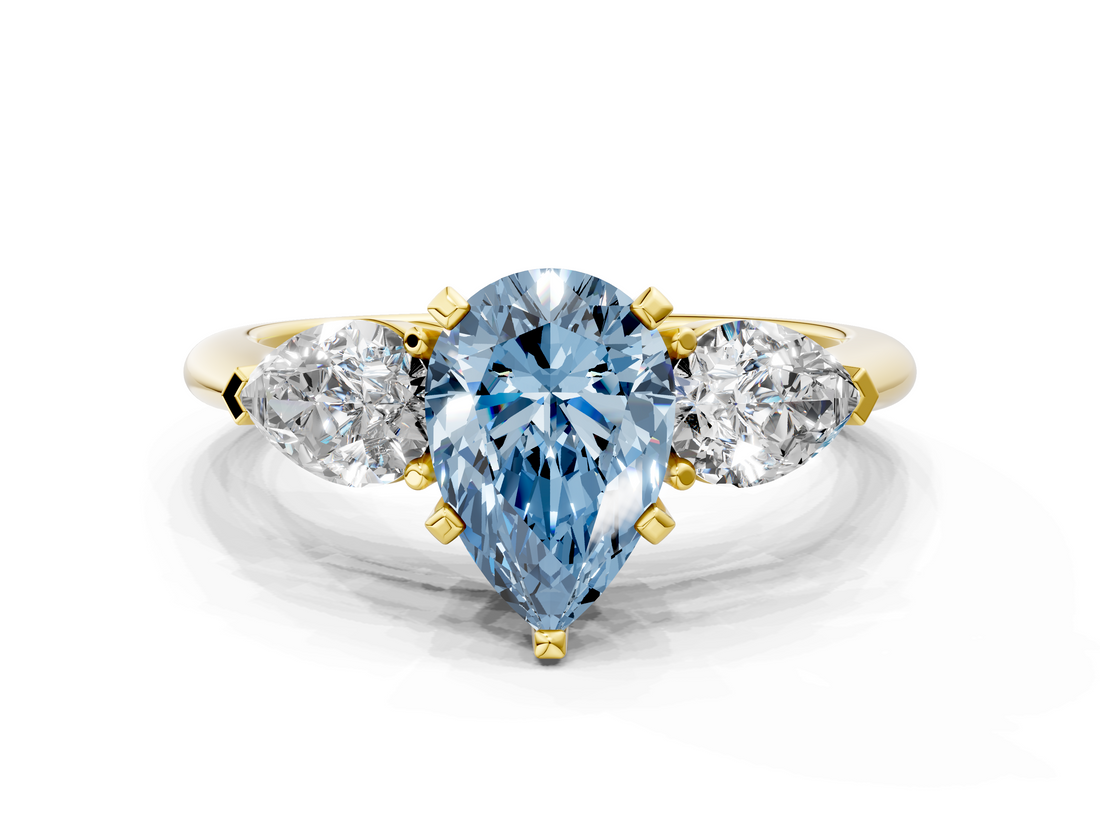 Yellow gold Three-Stone Fancy Blue Pear  Diamond Ring with Pear Side Stones in Four-Prong Setting_79