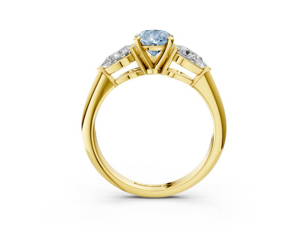 Yellow gold Three-Stone Fancy Blue Pear Cut Diamond Ring with Pear Side Stones and Four-Prong Setting