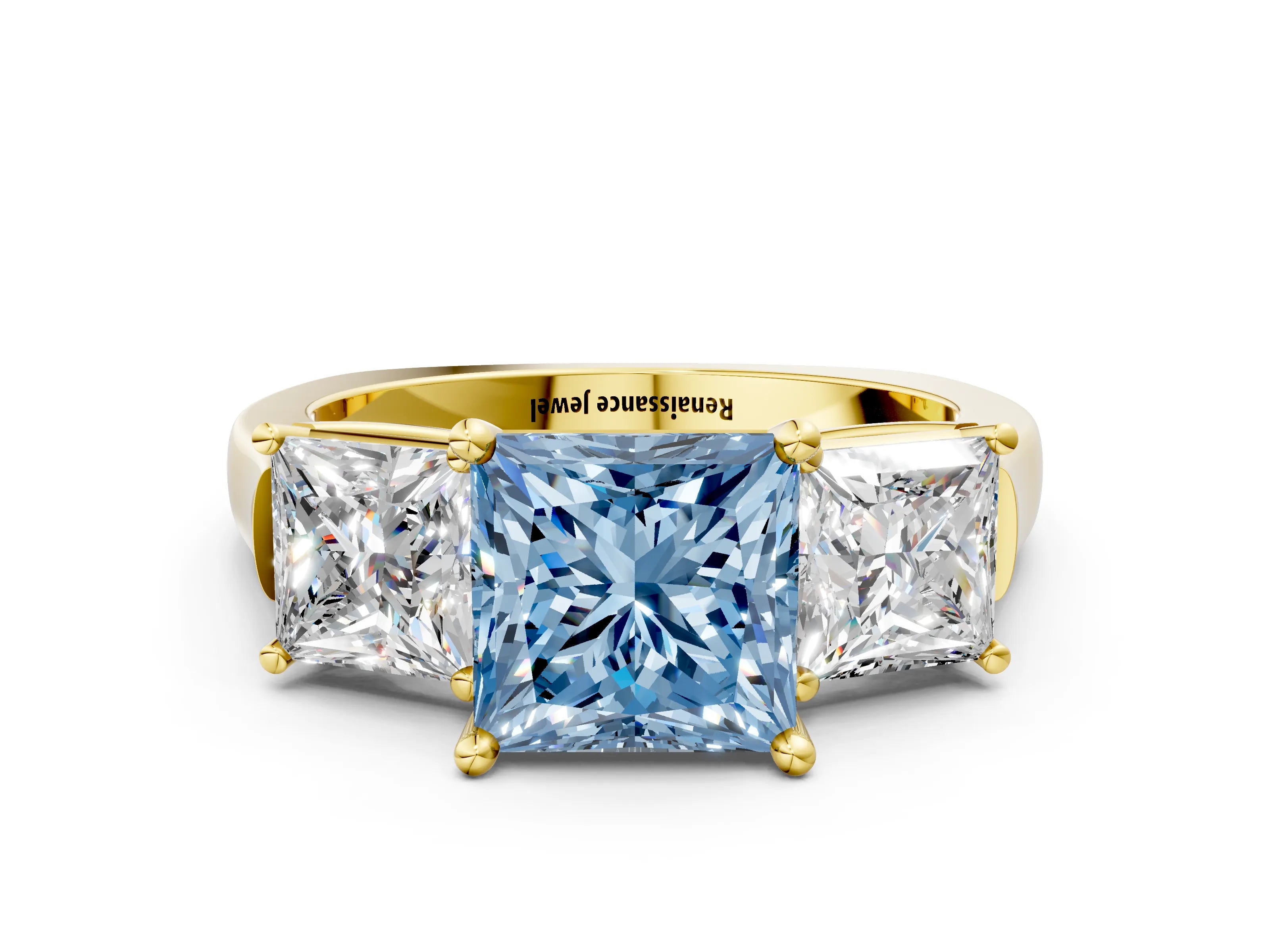 Yellow gold Three-Stone Fancy Blue Princess Cut Brilliant Diamond Trellis Ring with Comfort Fit Band