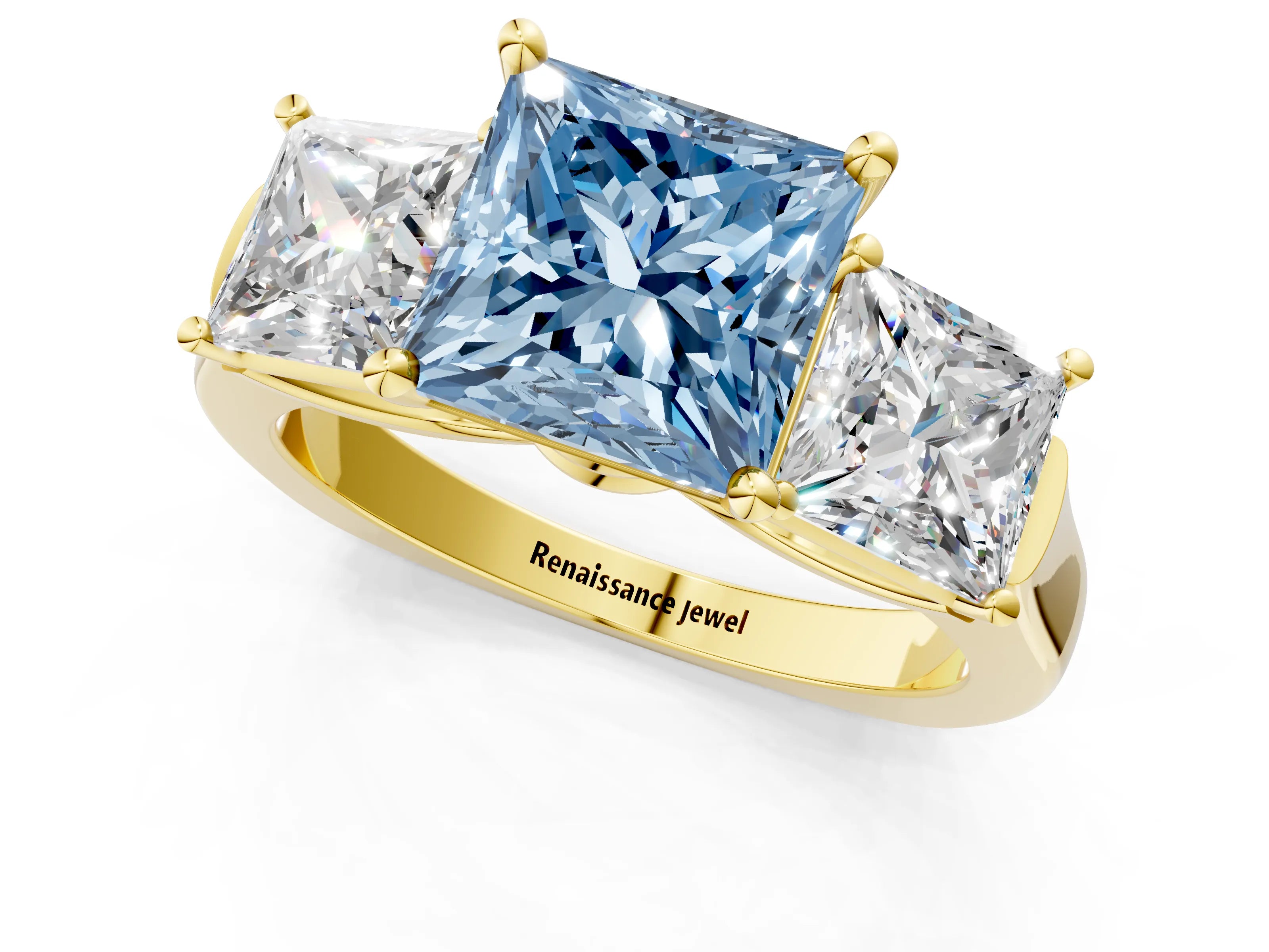 Yellow gold Three-Stone Fancy Blue Princess Cut Brilliant Diamond Trellis Ring with Comfort Fit Band_1