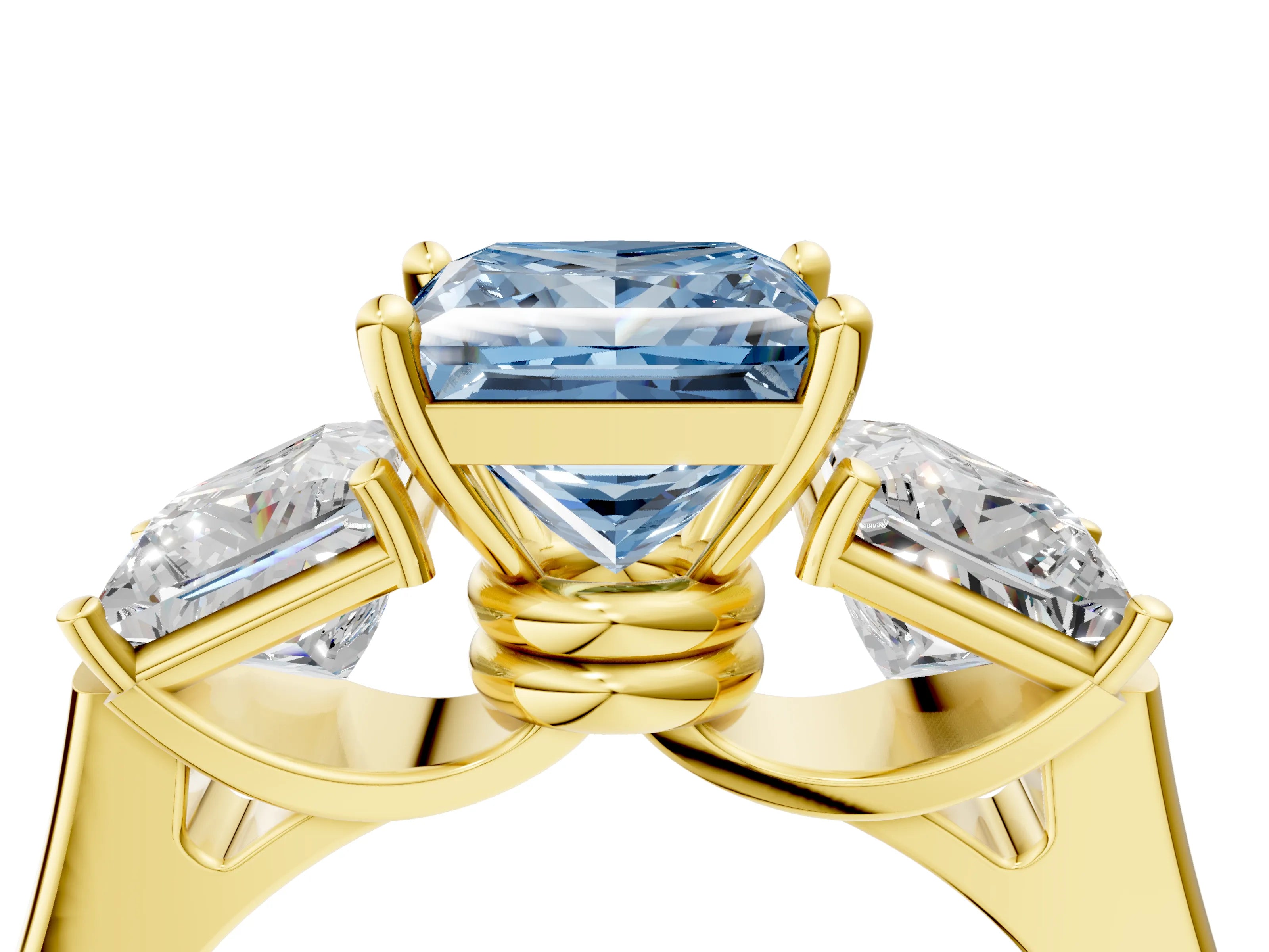 Yellow gold Three-Stone Fancy Blue Princess Cut Brilliant Diamond Trellis Ring with Comfort Fit Band_4