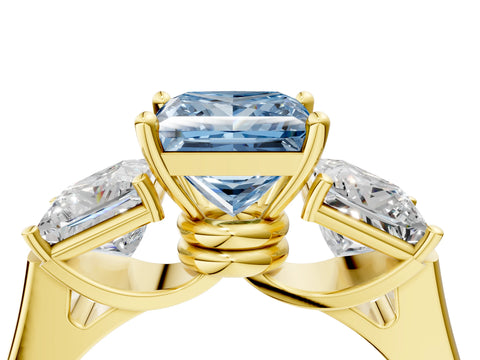 Yellow gold Three-Stone Fancy Blue Princess Cut Brilliant Diamond Trellis Ring with Comfort Fit Band_4