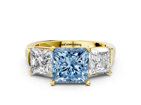 Yellow gold Three-Stone Fancy Blue Princess Cut Brilliant Diamond Trellis Ring with Comfort Fit Band