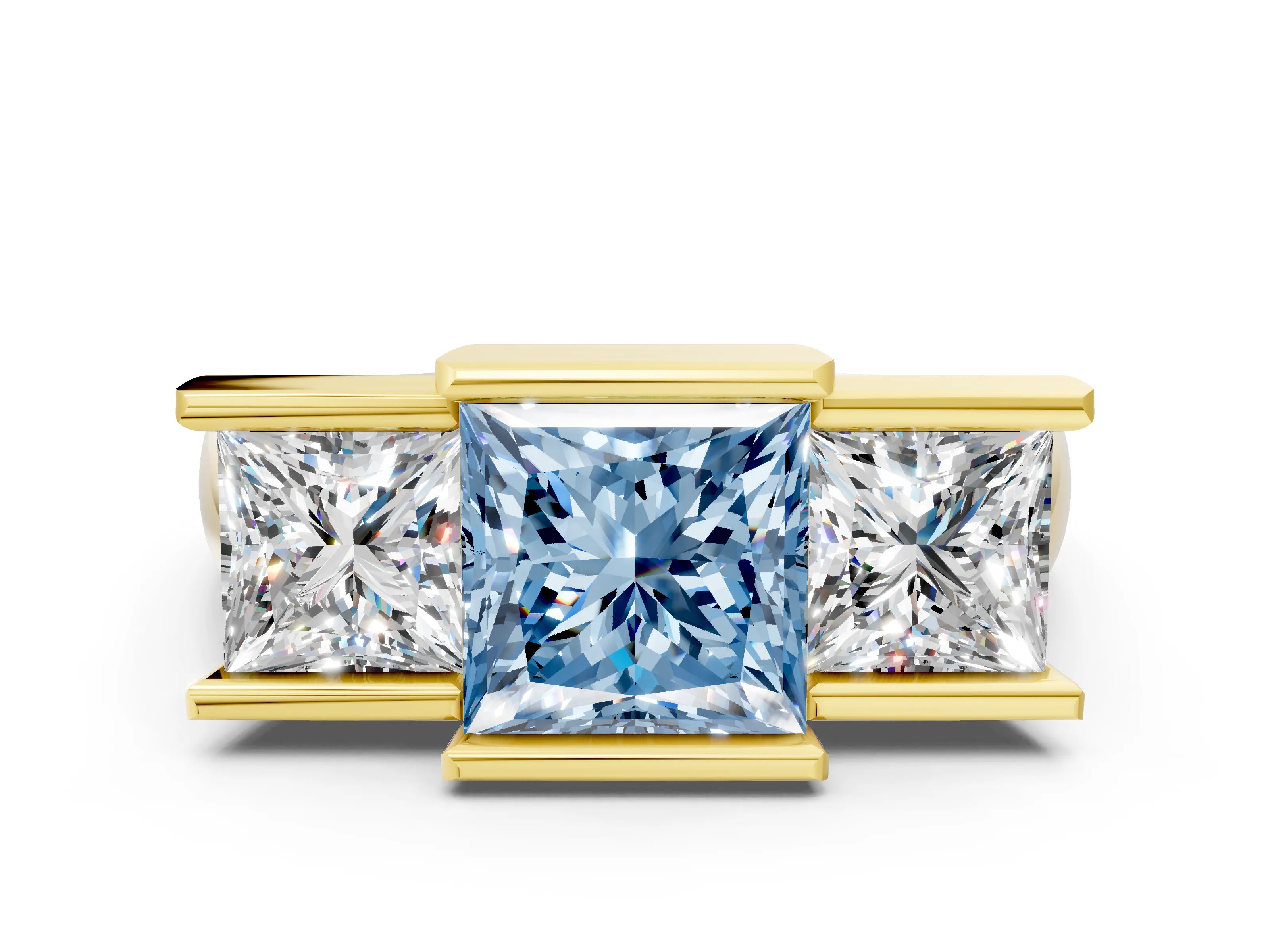 Yellow gold Three Stone Fancy Blue Princess Cut Cut Channel Set Diamond Ring