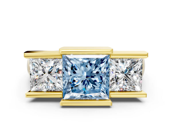 Yellow gold Three Stone Fancy Blue Princess Cut Cut Channel Set Diamond Ring