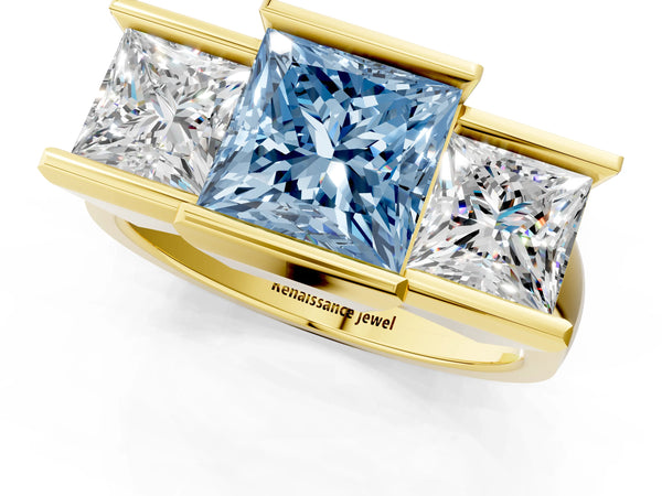 Yellow gold Three Stone Fancy Blue Princess Cut Cut Channel Set Diamond Ring