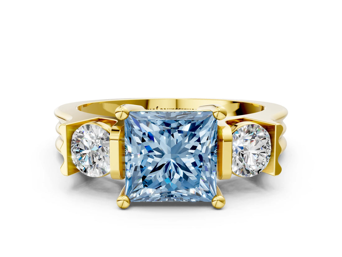 Yellow gold Three-Stone Fancy Blue Princess Cut Cut Classic Band Prong Setting Ring