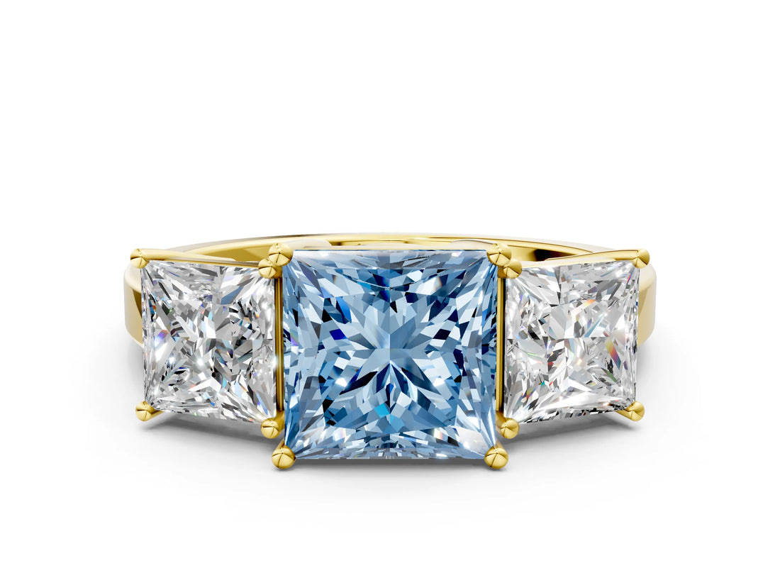 Yellow gold Three-Stone Fancy Blue Princess Cut Cut Diamond Engagement Ring with Flat Band and Four-Prong Setting_12