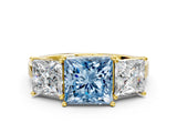 Yellow gold Three-Stone Fancy Blue Princess Cut Cut Diamond Engagement Ring with Flat Band and Four-Prong Setting_12