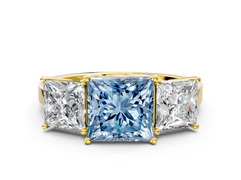 Yellow gold Three-Stone Fancy Blue Princess Cut Cut Diamond Engagement Ring with Flat Band and Four-Prong Setting_12