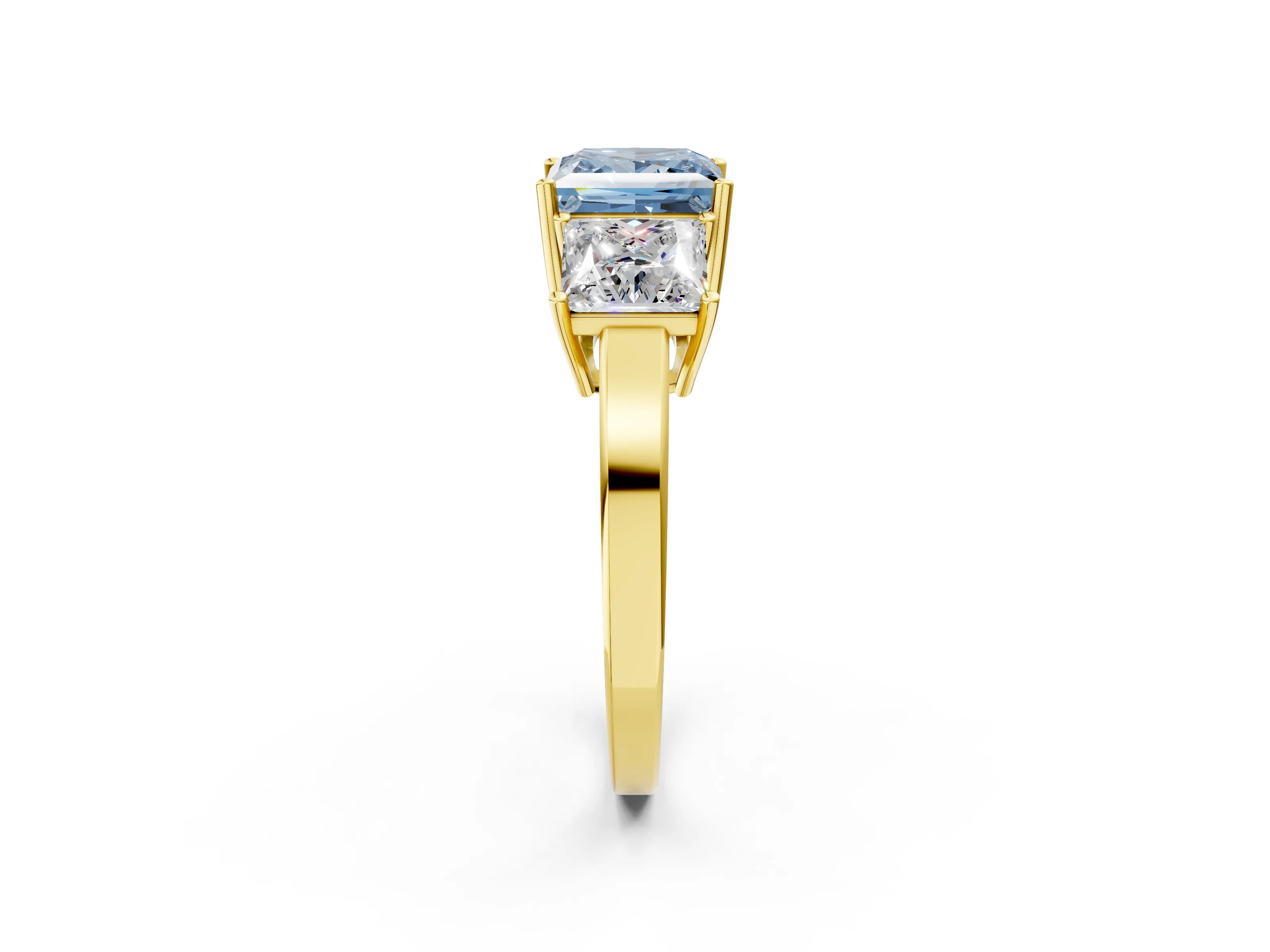 Yellow gold Three-Stone Fancy Blue Princess Cut Cut Diamond Engagement Ring with Flat Band and Four-Prong Setting_14